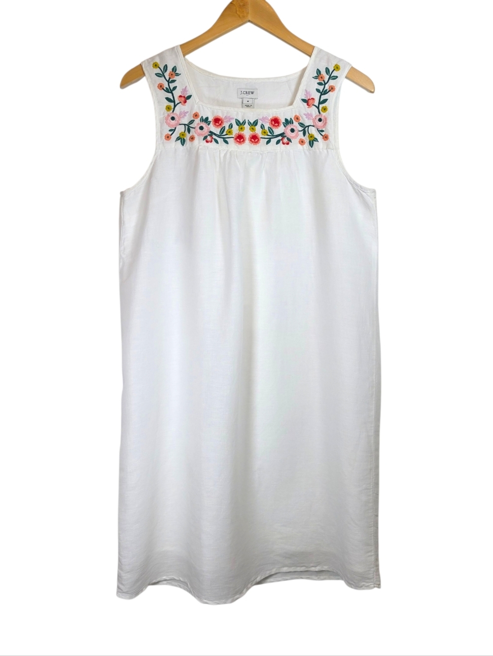 J Crew Embroidered Linen Blend Tank Dress Sz M Milkmaid Cottagecore Square Neck